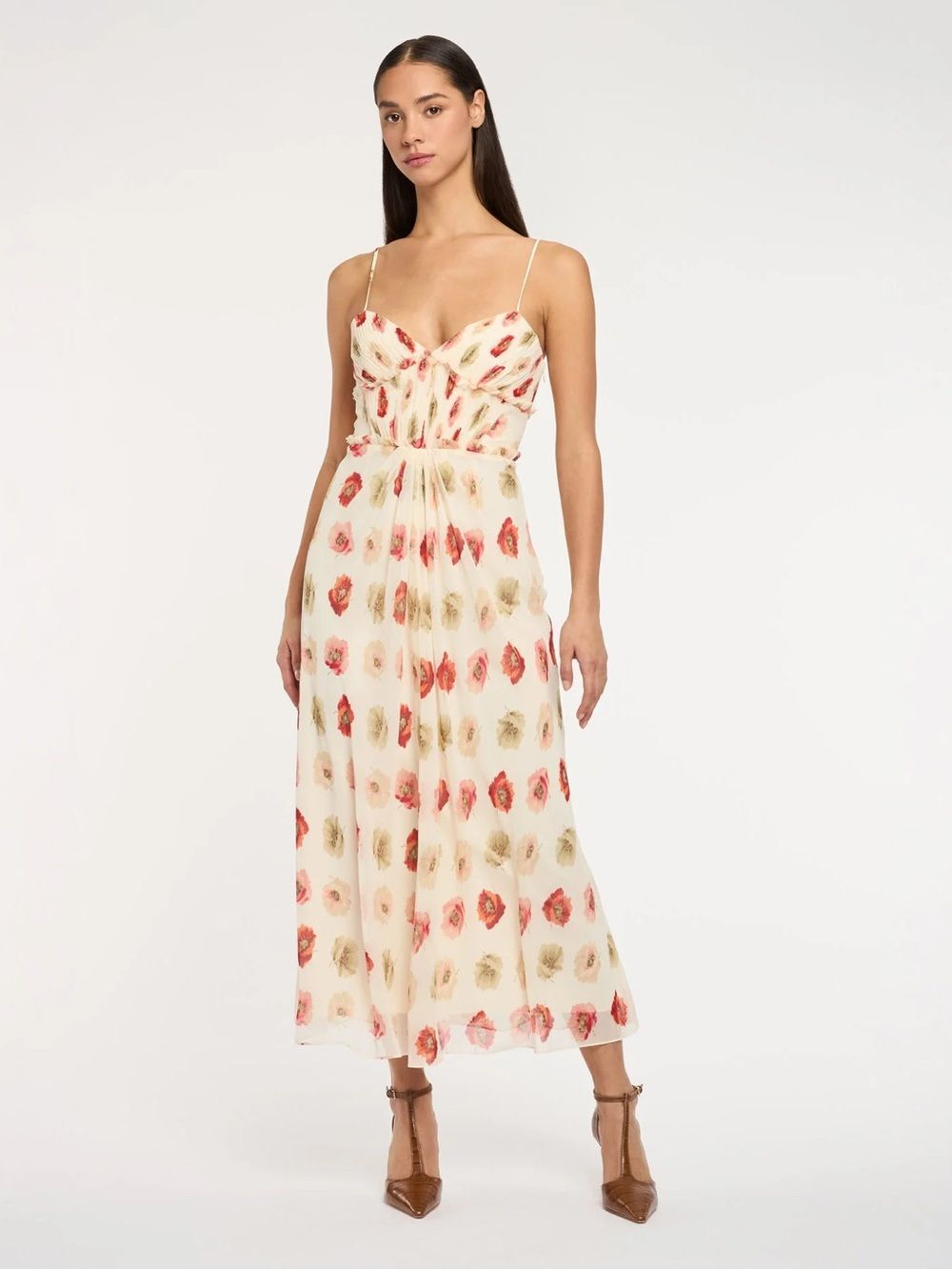 Cinq à Sept Floating Poppies Carline  Ruffle Trim Midi Dress in Gardenia Multi 6